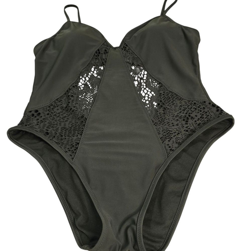 Mossimo Swim Suit Wear Bodysuit Sz Large Green Lace Front Full Piece Open Back